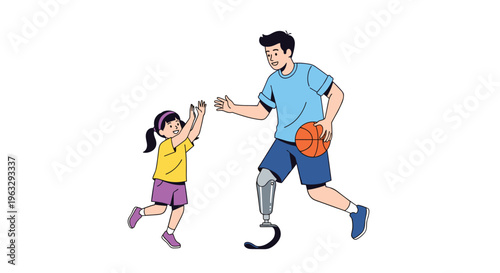 A cheerful father with a prosthetic leg is actively playing basketball and high-fiving his young daughter on a bright white background.