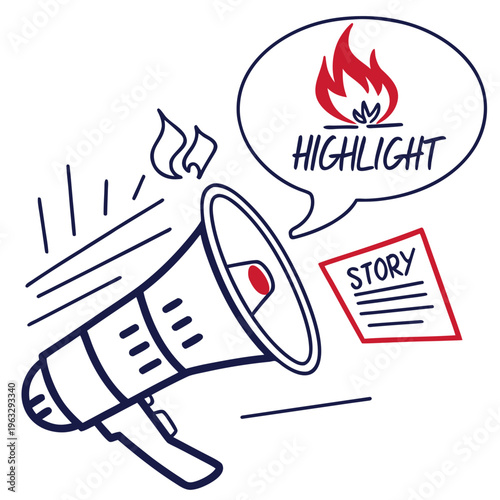 Loudspeaker megaphone with speech bubble containing flame and story paper for news announcement advertising marketing and highlight communication art