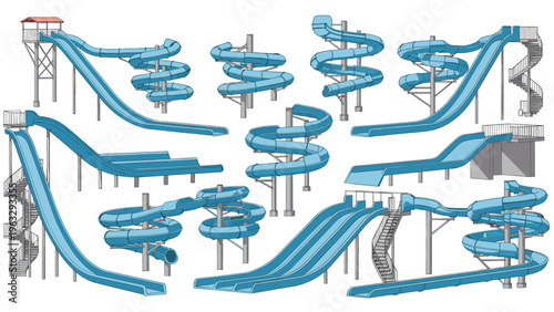 Vector illustration of various blue water slides and aquatic park attractions featuring spiral tubes and steep drops on a white background.