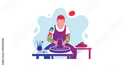 A nonbinary individual with a buzz cut and colorful tattoos is intently crafting a clay pot on a pottery wheel in a creative studio setting.