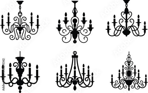 Set of elegant chandelier silhouettes featuring vintage lighting fixtures with ornate scrolls and decorative candles for luxury interior design, wedding decor, and classic home architecture.