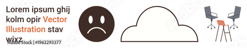 Communication, workplace design, expression, emotion, brainstorming, collaboration. Sad face emotion, empty speech bubble and two office chairs with a table. Communication and workplace design