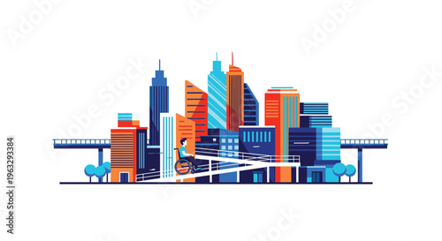 A person in a wheelchair is actively navigating an accessible ramp within a bustling, colorful modern city skyline featuring numerous tall buildings.