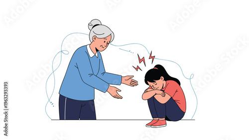 Kind grandmother reaching out to comfort her sad granddaughter who is sitting with her head down during a difficult moment.
