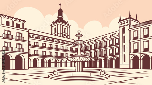 Open Spanish Plaza with Fountain Classic Architecture Flat Vector