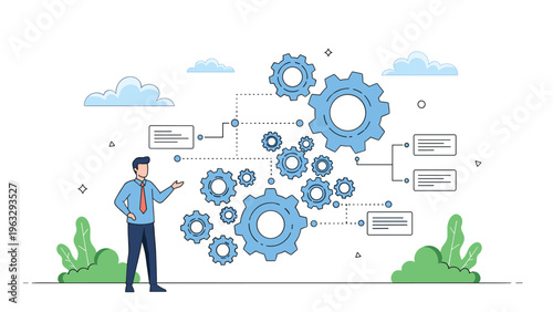 Professional businessman presenting a complex system of interconnected blue gears and cogs with informational callouts and notes.