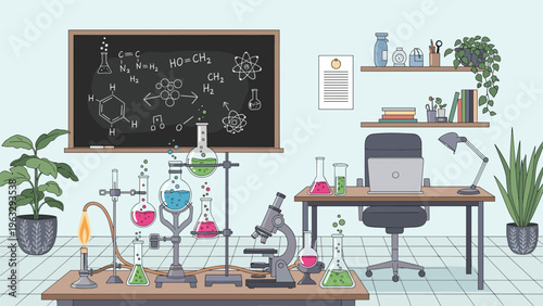 Interior view of a modern chemistry laboratory featuring a desk with a laptop, microscope, and various colorful test tubes and flasks.