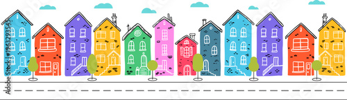 Vibrant hand drawn horizontal banner featuring row of colorful European style townhouses and cozy residential buildings. Charming vector illustration includes green trees, road.