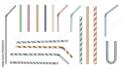 Comprehensive collection of various drinking straws including straight, flexible, metal, plastic, and paper versions with colorful patterns.