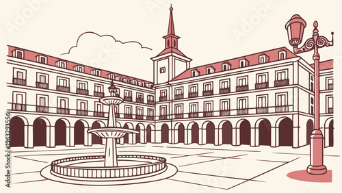 Open Spanish Plaza with Fountain Classic Architecture Flat Vector