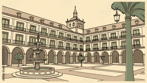 Open Spanish Plaza with Fountain Classic Architecture Flat Vector