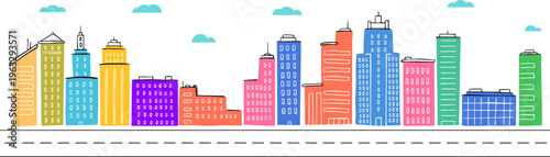 Modern city skyline vector illustration featuring diverse row of colorful skyscrapers and office buildings. Bright flat style metropolis design captures energy of business district or downtown area
