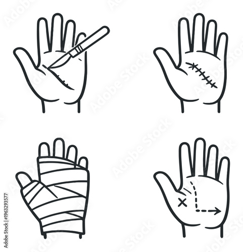 Hand icons showing surgery and bandaging on dark background