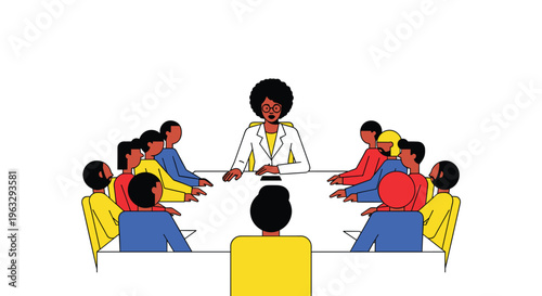A Black woman with an afro and glasses, dressed in a white blazer, leads a diverse group of ten people seated around a large white oval table during a meeting.