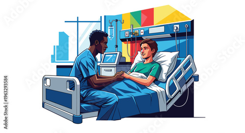 A compassionate Black male nurse in blue scrubs is comforting a young male patient by holding his hand in a modern hospital room.