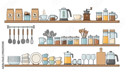 Organized kitchen shelves displaying a variety of jars, bottles, plates, cups, and cooking utensils in a clean minimalist style.