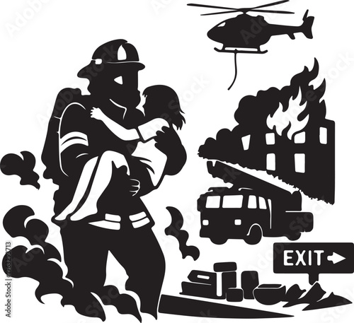 Brave firefighter carries rescued child away from burning building scene