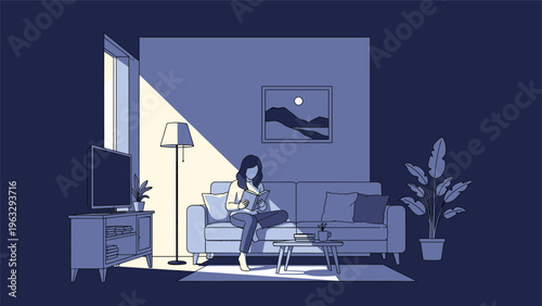 Peaceful evening scene of a person sitting on a sofa and reading a book in a dimly lit living room with one floor lamp.
