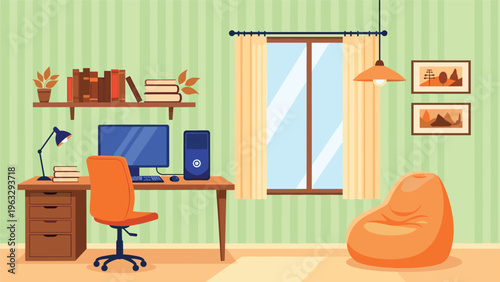 Modern home office interior design featuring a wooden desk, computer, comfortable chair, bookshelves, and a window.