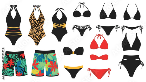 Collection of various swimwear styles for men and women including bikinis, one-piece suits, and tropical swim trunks.