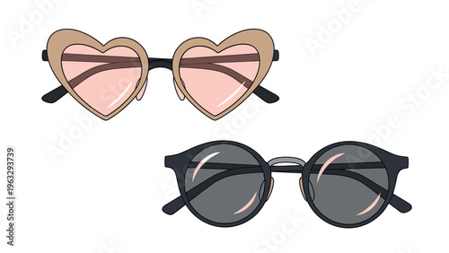 Two pairs of trendy sunglasses featuring one heart-shaped frame and one classic round design isolated on white background.