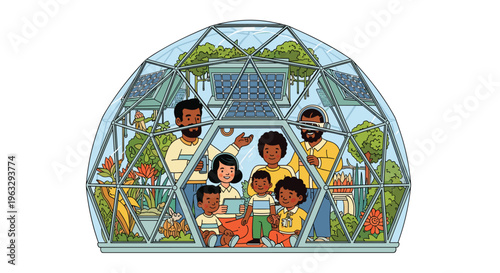A diverse family of six, including two parents and four children, happily resides within a large glass biodome filled with abundant green plants, solar panels, and a laptop.