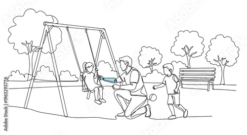 A father is playing with two children in a park, pushing one on a swing while the other child plays with a ball.