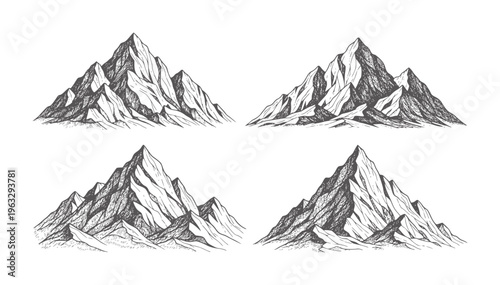 Four hand drawn mountain peaks in dark grey ink rock nature landscape