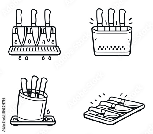 Knife drying racks and storage containers holding knives on gray