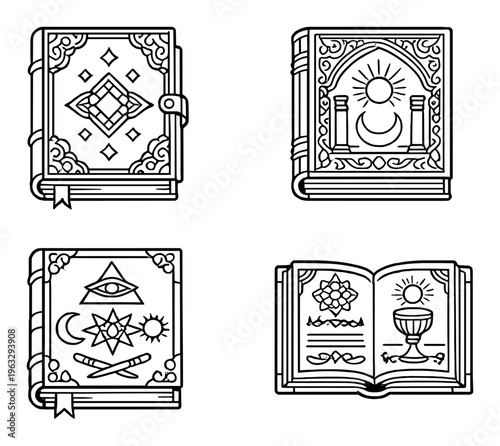 Decorated magical book icons and open grimoire on dark backdrop