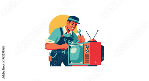 A smiling Latino man in blue overalls and a cap holds a wrench while fixing a vintage red television set on a white background.