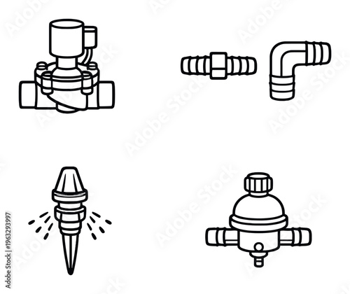 Irrigation valves fittings and drip stakes for garden plumbing