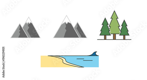 Illustration of mountains, trees, and a dolphin by the sea