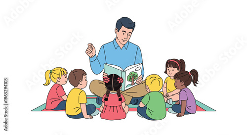 A male teacher sits cross-legged on a patterned rug, reading an open storybook to a circle of seven diverse young children on a plain white background.