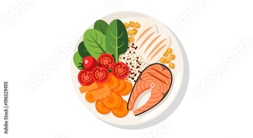 A plate of food with salmon and vegetables on a table indoors.