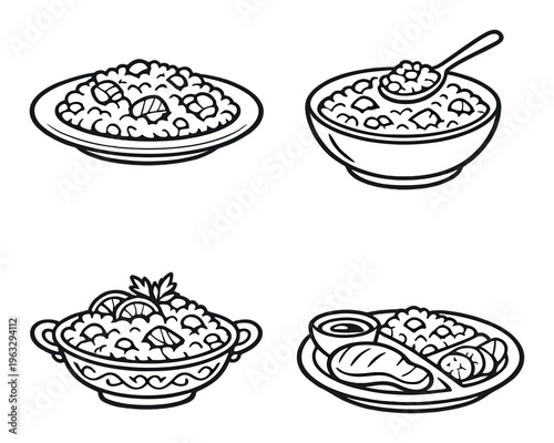 Four rice dishes served in bowls and plates on gray backdrop