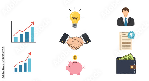 Businessman handshake agreement with growth charts and finance icons on white background