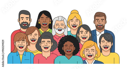 Diverse group of people smiling together in unity and friendship on a white background.