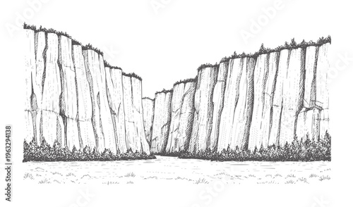 Hand drawn of a deep canyon with a river and trees cliffs nature
