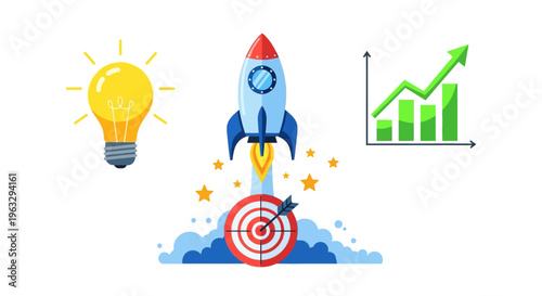 A rocket ship blasts off to hit a target with a lightbulb and growing graph nearby.