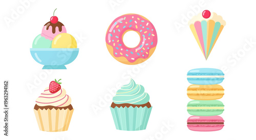 Colorful illustration of desserts on a white background including ice cream and cupcakes