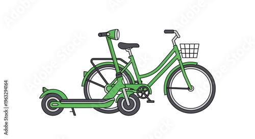 Green bicycle and scooter combination for ecofriendly transportation options outdoors