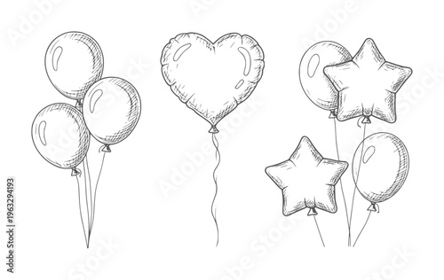 Hand drawn of balloons in round heart and star shapes