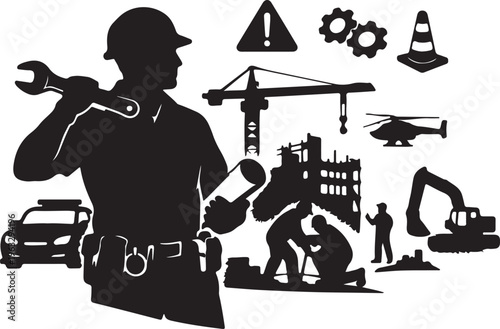 Black silhouette of a construction foreman with various building equipment