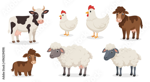 Farm animals standing on a white background