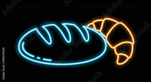Neon signs of a blue donut and an orange croissant on a black background at night.