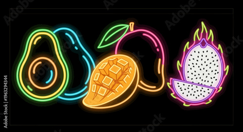 Vibrant neon signs of avocado, mango, and dragon fruit on black background.