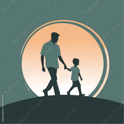 Father and son walking hand in hand silhouetted against a bright circle.
