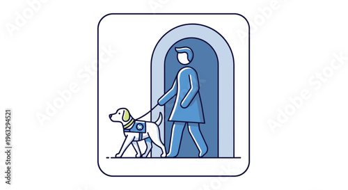 A person with short hair walks a service dog on a leash through an arched doorway, depicted as a minimalist blue icon.