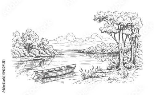 Of a rowboat a calm river surrounded by trees and clouds water foliage